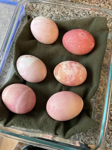 pink easter eggs, dyed with beet juice